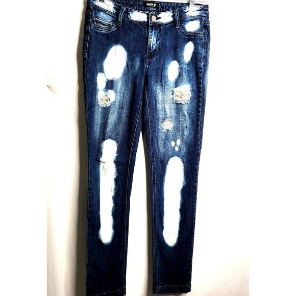 Allen B Distressed Straight Leg Jeans 5 Pocket Size 6 Bleach Spots Rhinestones - Picture 1 of 12